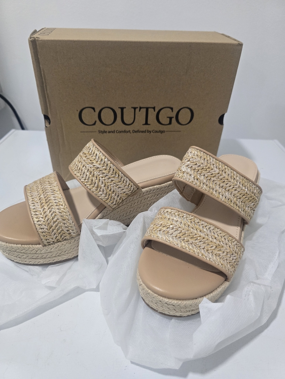 COUTGO Women's Beige Braided Platform Slide Sandals